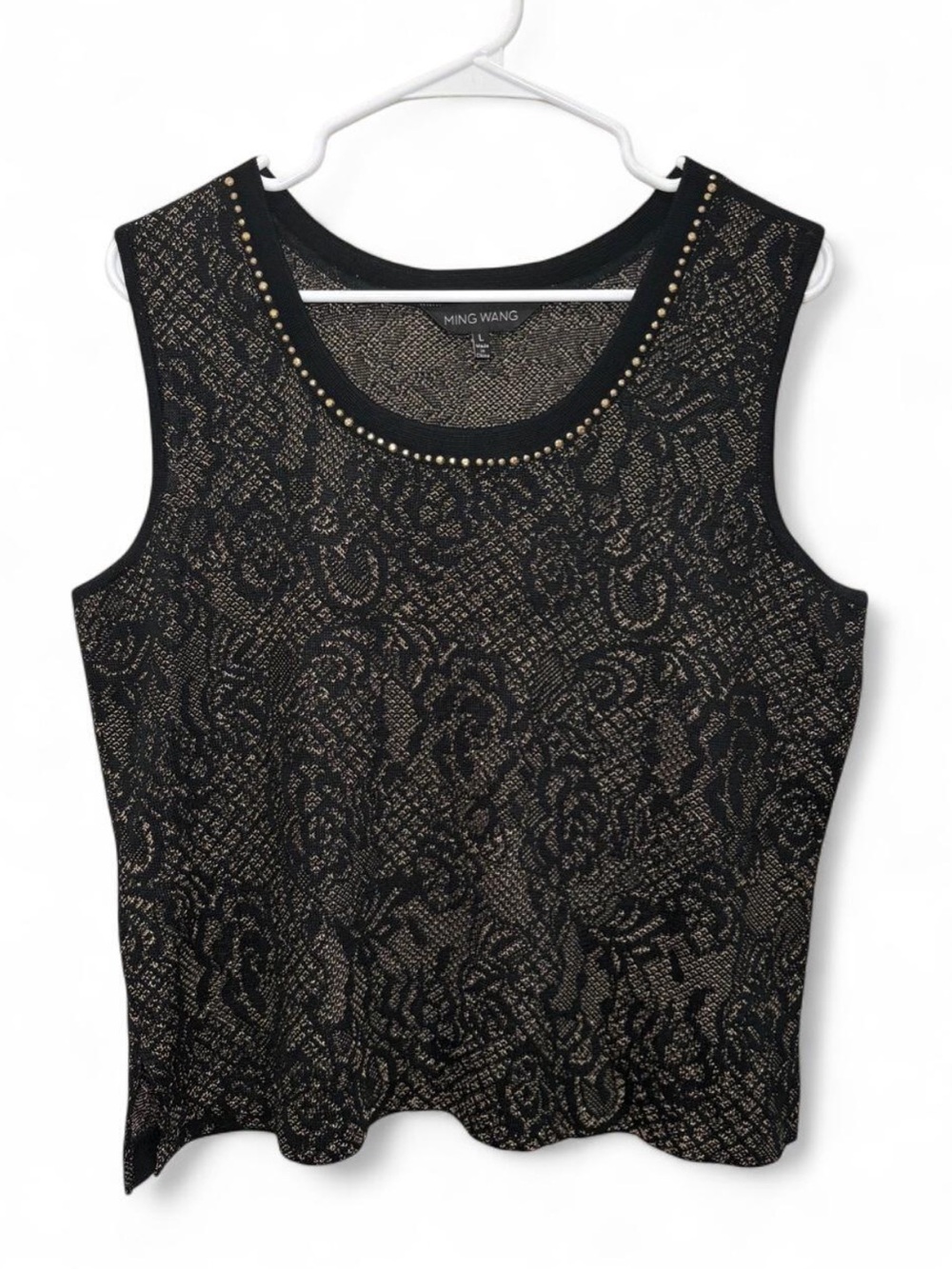 Ming Wang Black Gold Lace Round Neck Studded Sleeveless Knit Top Large Stretch
